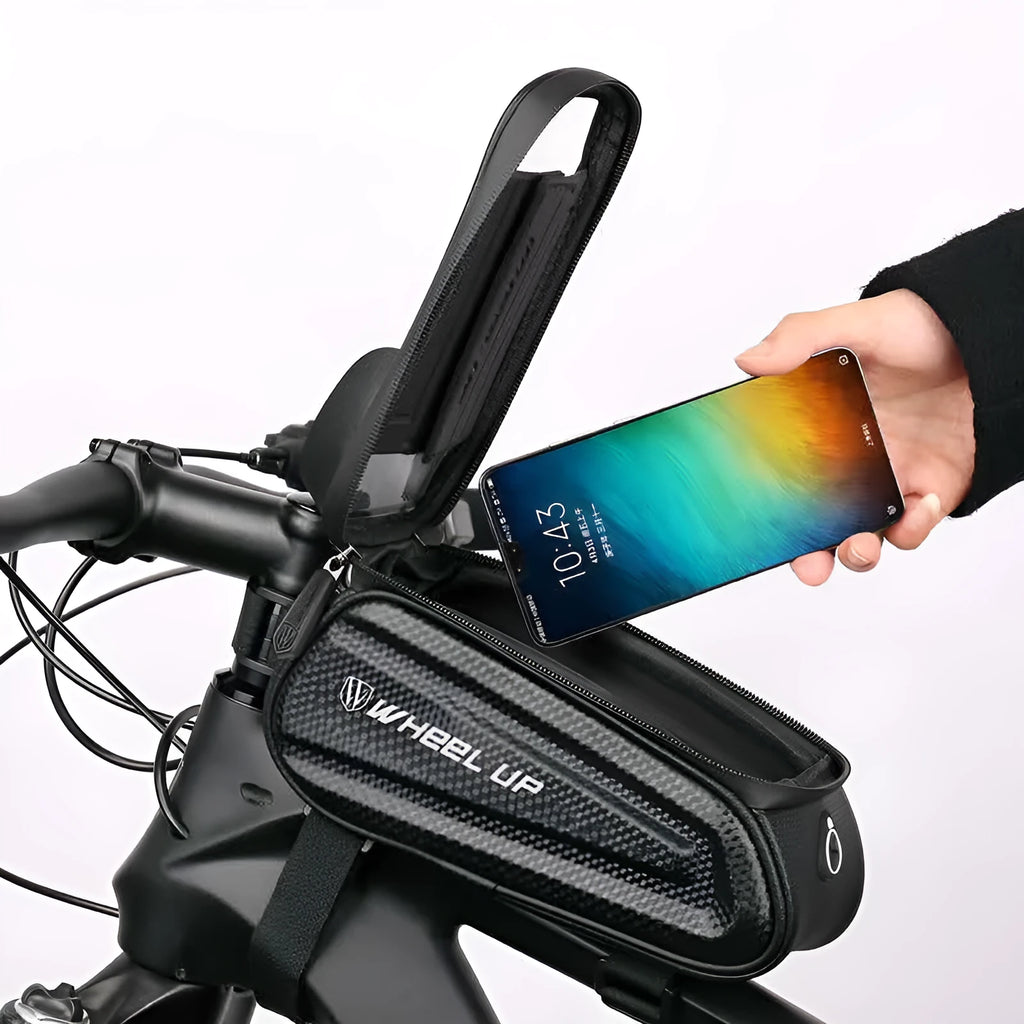 Black grey bicycle phone bag with reflective straps mounted on bike frame
