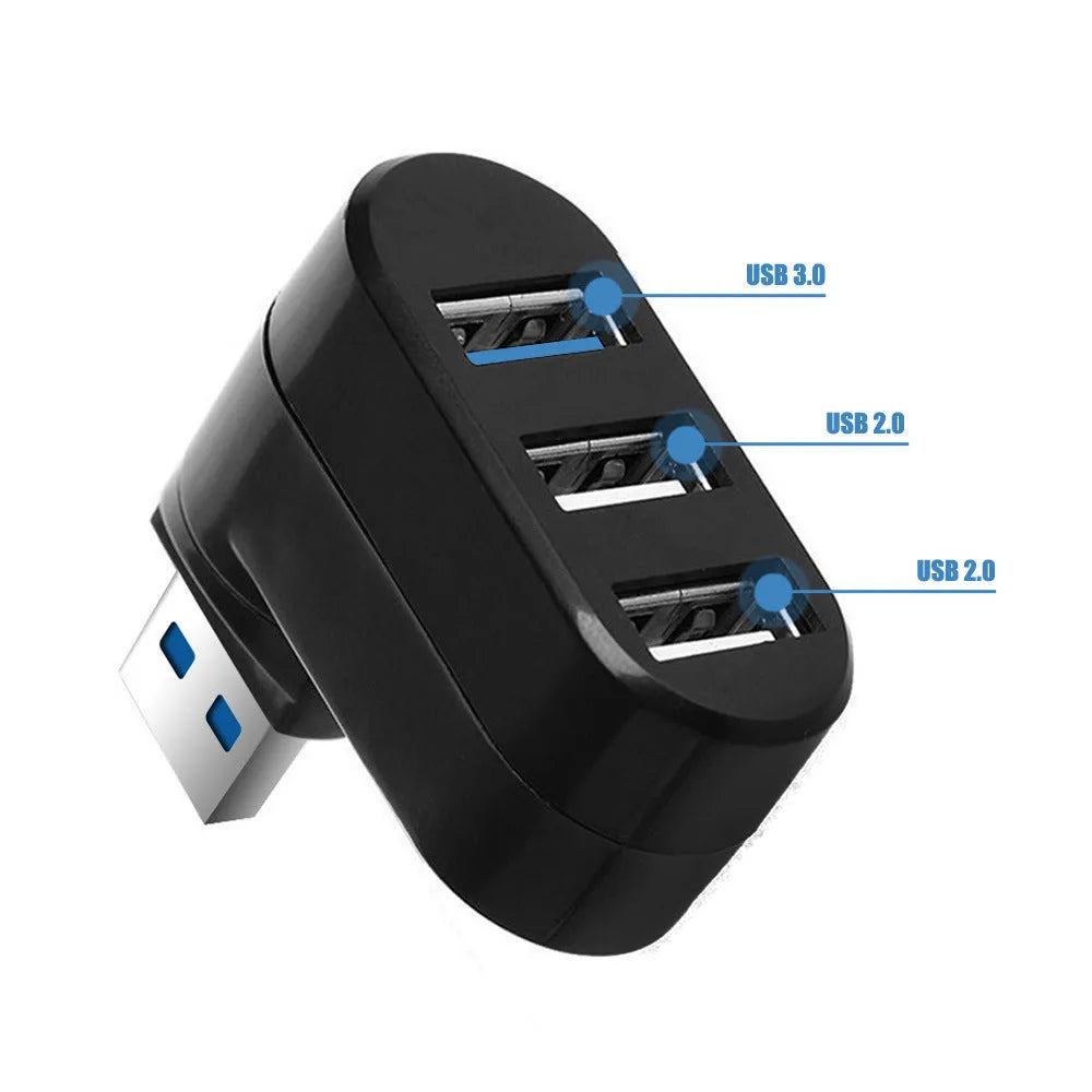Black and white USB 3.0 rotary hub with four ports showing compact size and cable.