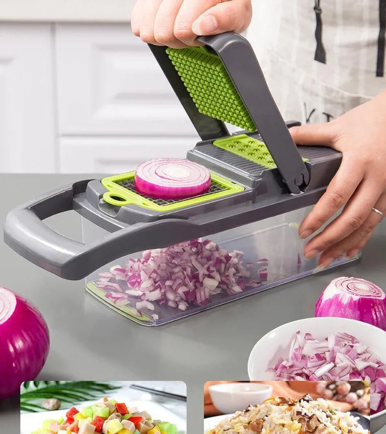 Multi-blade vegetable cutter with wheat straw body and seven stainless steel blades for slicing and dicing on a kitchen counter.