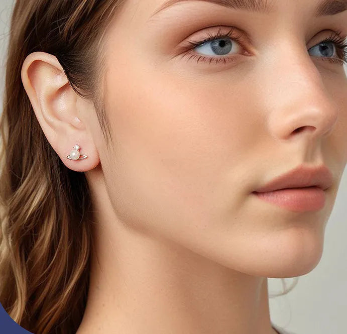 Chuangxing 925 silver star-shaped planet ear studs with ball shell pearl, colour BSE1207, one pair