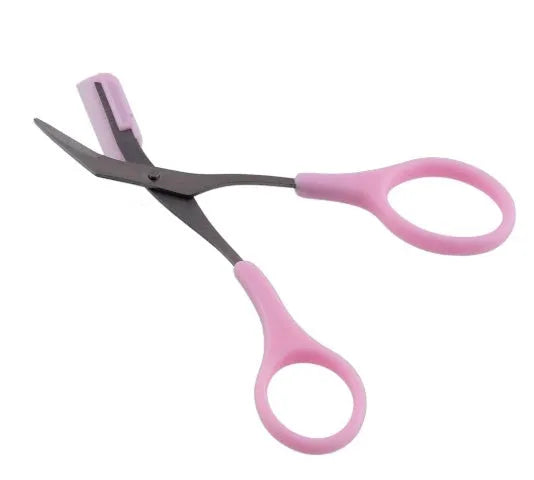Eyebrow shaping set with pencil, scissors, razor, and stencil in black finish on white background