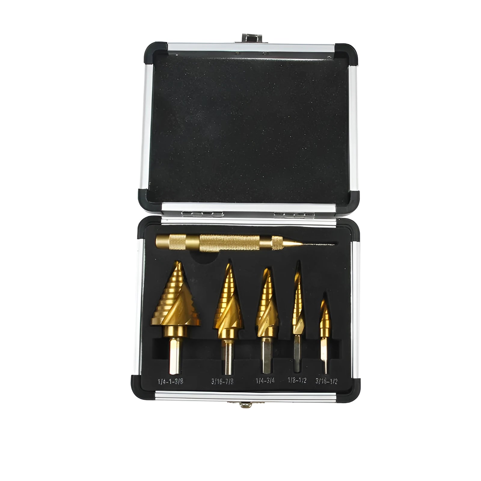 Gold aluminium alloy toolbox showing steel plate opening mechanism, scale indicating 58-80 mm length.