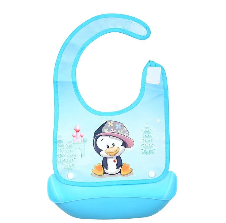 Cartoon baby PVC three-dimensional bib with blue koala design and waterproof silicone pocket
