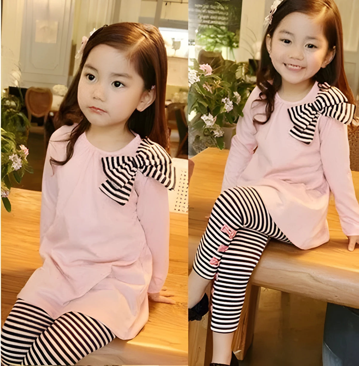 Cotton pink girl clothing set, sizes 110cm to 140cm, on a child