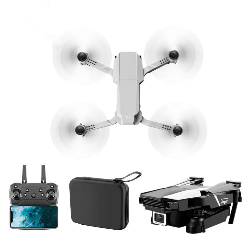 S62 folding quadcopter drone in black with arms extended and camera visible against white background