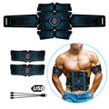 EMS abdominal muscle stimulator belt with 6 modes, 10 frequencies, 1 belly belt, 2 arm belts, and 3 controllers.