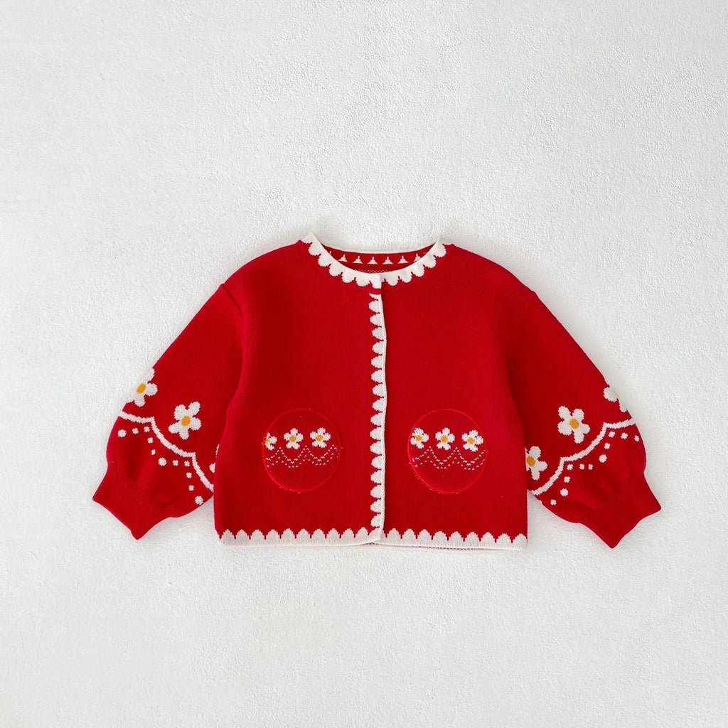 Girls cotton flower jacquard knitted cardigan in single colour, long sleeves, mid-length spring top