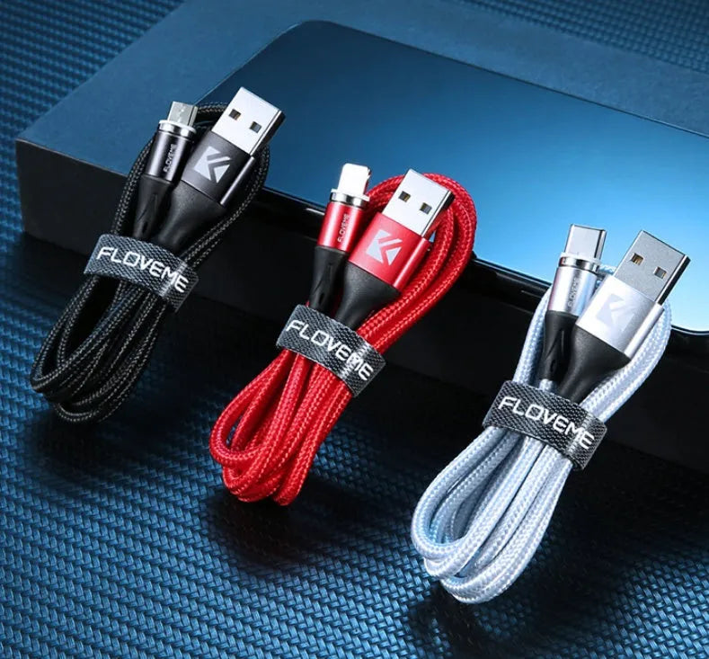 Magnetic USB-C fast charging data cable with side indicator light in black, red, or silver
