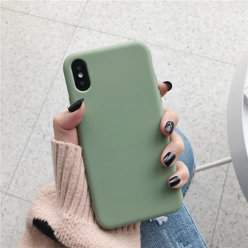 Silicone phone case for iPhone XR and XS Max shown in wine red, light blue, grey, dark green, begonia, rose gold, bean green, and black colours.