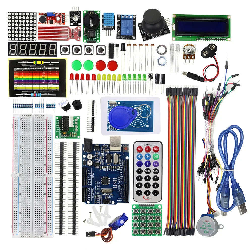RFID upgraded Arduino starter kit with stepper motor, UNO board, breadboard, sensors, and LCD modules