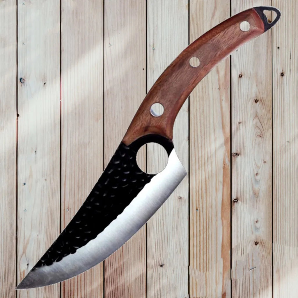 Small curved scimitar slaughter knife with leather sheath for pig butchering
