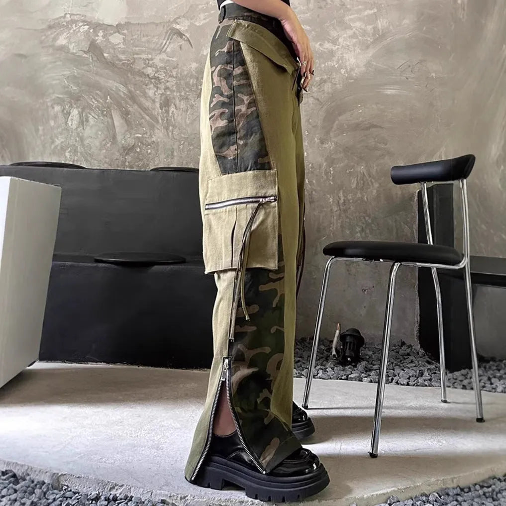 Women's dark khaki jeans with leopard print detail and high-waist straight leg design