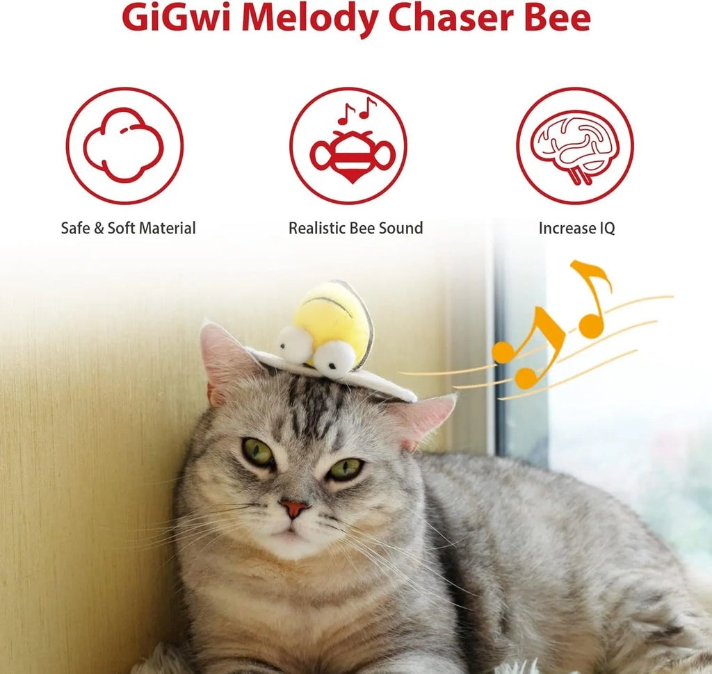 Yellow bee-shaped electronic cat toy with motion-activated chirping for indoor feline entertainment