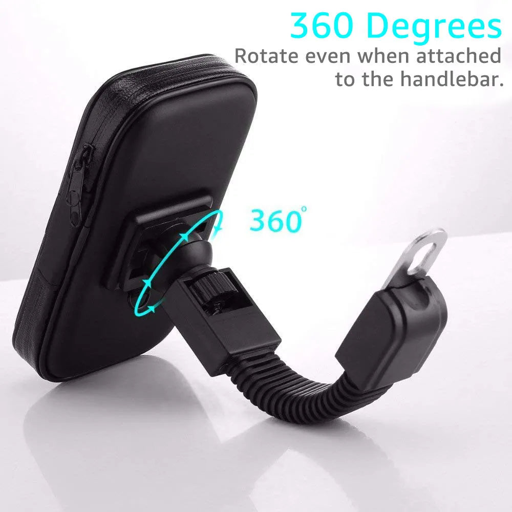 Waterproof bicycle phone holder mounted on handlebars with transparent touch screen window, three size options for 4.7 to 6.3 inch smartphones