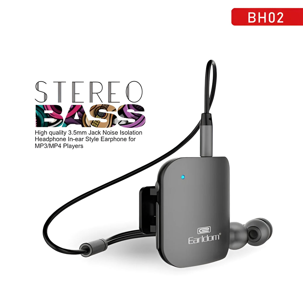 Black Bluetooth running headphones with wireless receiver and lavalier wearing option