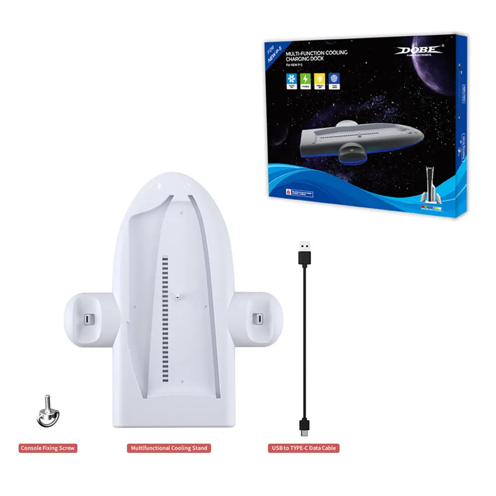 White PS5 Slim charging base with RGB ambient lighting and fixed controller charger