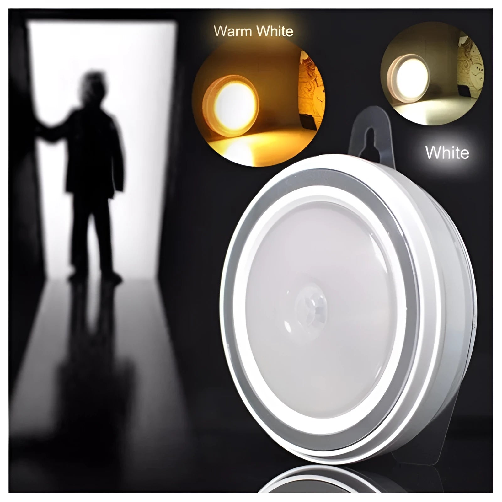 Compact circular white motion sensor LED light with 80mm diameter for automatic wardrobe or corridor lighting.