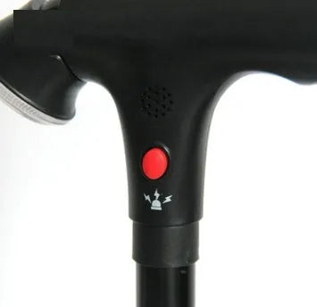 Foldable aluminium walking stick with 4-feet anti-skid base, LED light, and side armrest for elderly