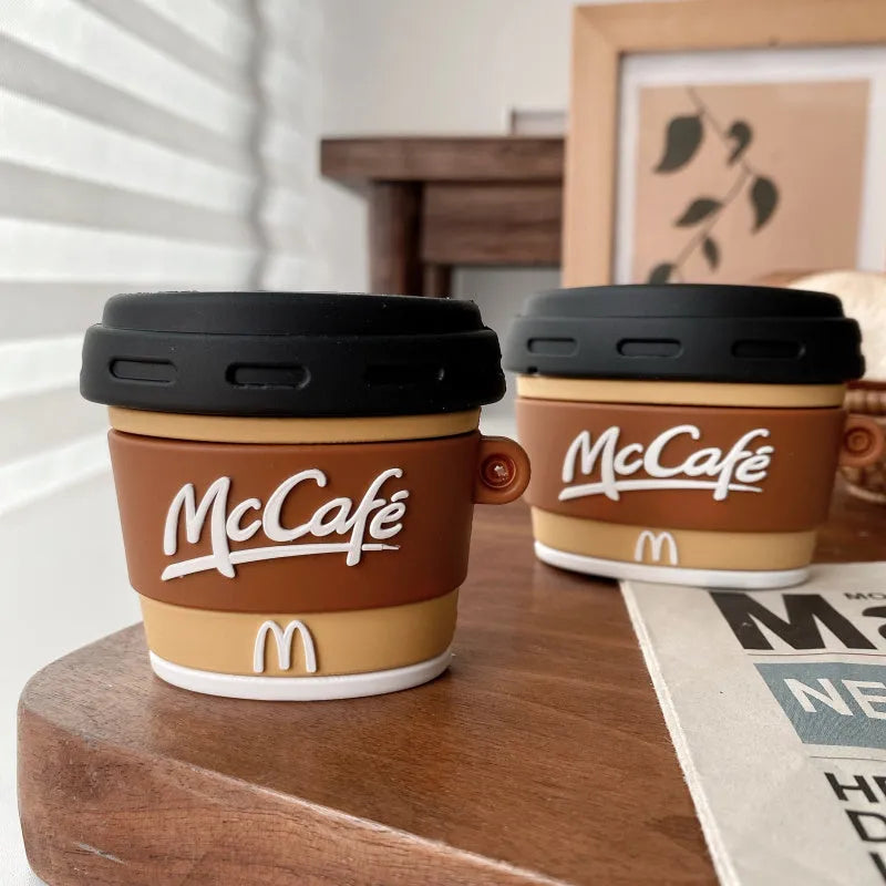 Brown silicone coffee cup shaped earphone case for AirPods 1/2 covering the charging case