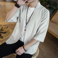 Men's Chinese style cotton linen cardigan shirt with seven-point sleeves, stand collar, and lace-up front in black or hemp colour.