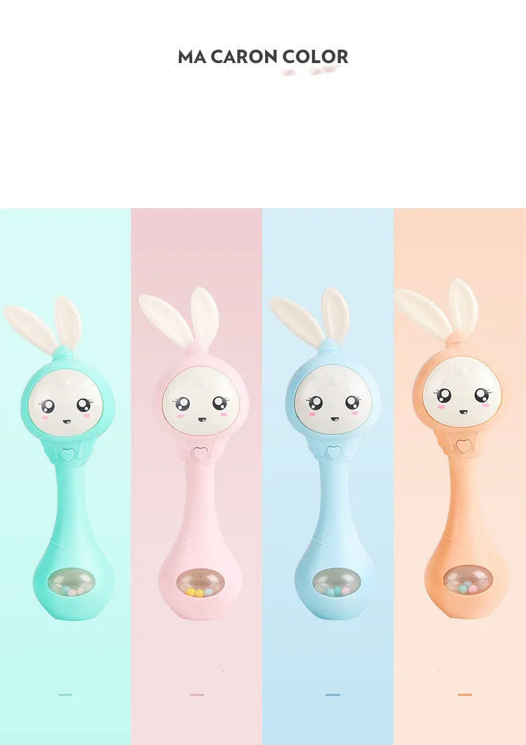 Baby educational teething toy musical stick in light blue, mint green, orange, or pink colours