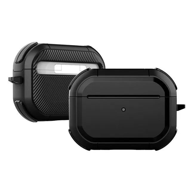 Black AirPods protective shell case for AirPods 1, 2, and Pro models on a white background.