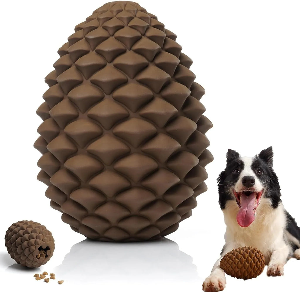 Yellow pine cone shaped natural rubber dog chew toy with treat dispenser hole