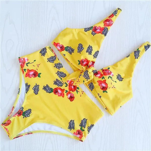 Knotted double-sided bikini swimsuit in polyester spandex, yellow flower orchid white flower, sizes L M S
