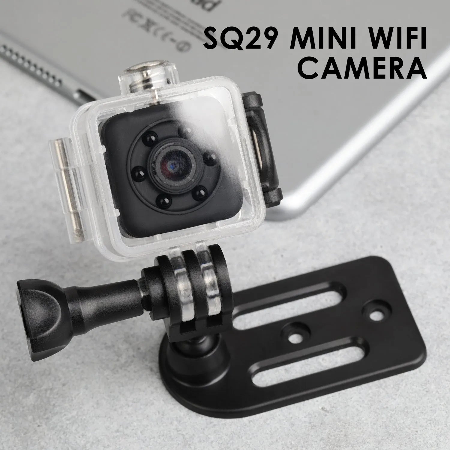Black SQ29 waterproof sports camera with MicroUSB port and TF card slot.