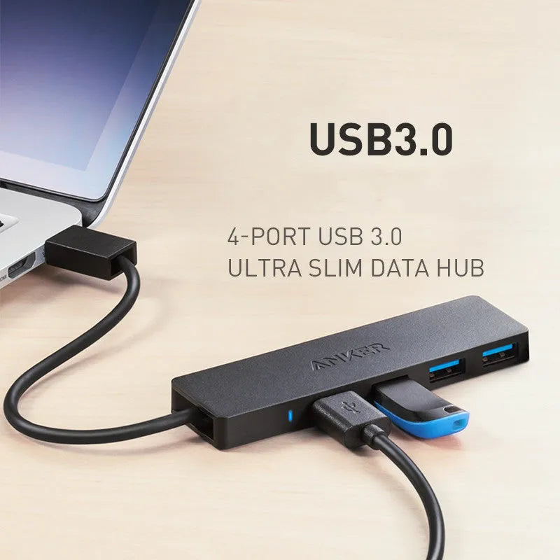 Black Anker 4-port USB 3.0 hub showing compact size and four Type-A ports.