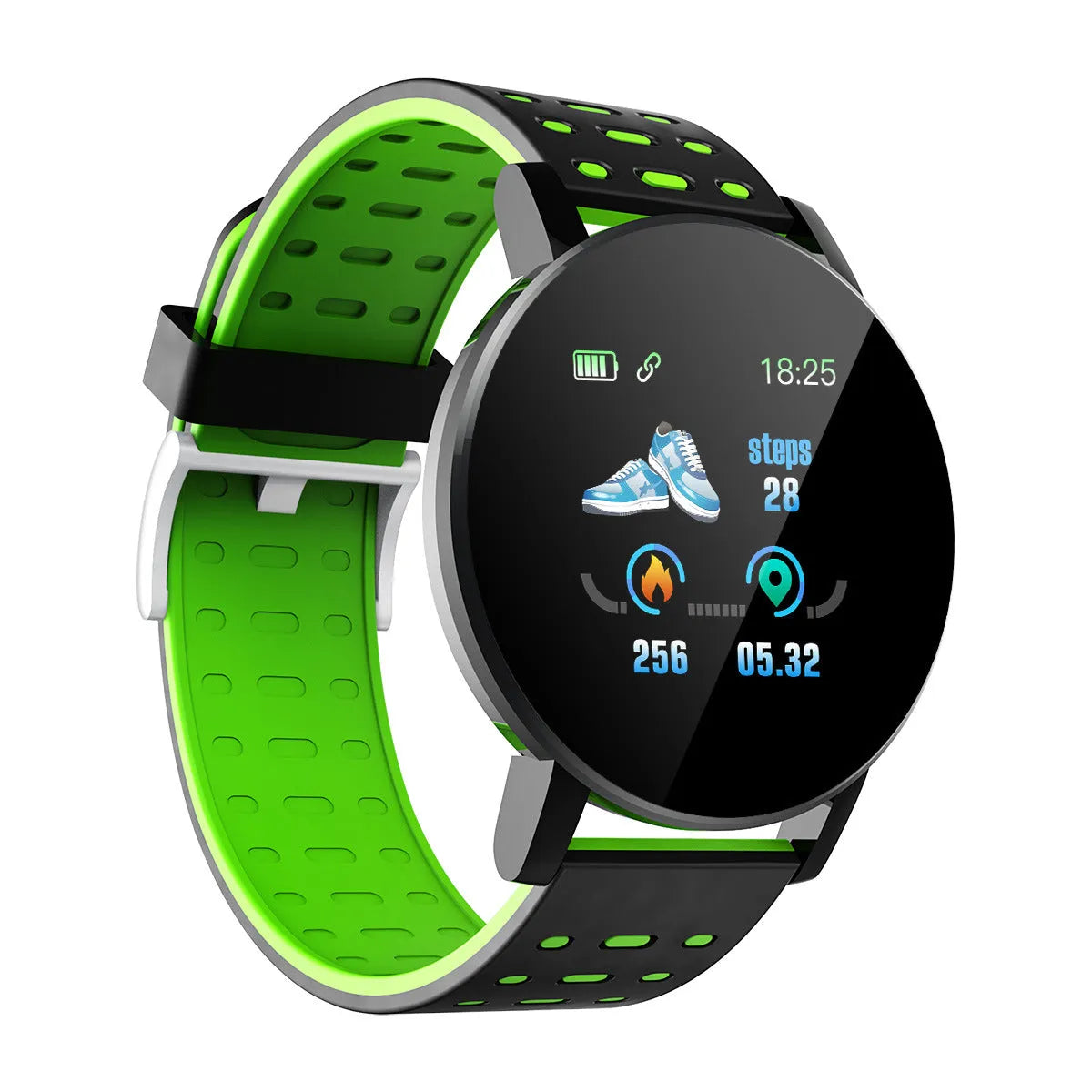 Heart rate bracelet with 1.3-inch touch screen and black silicone strap on wrist
