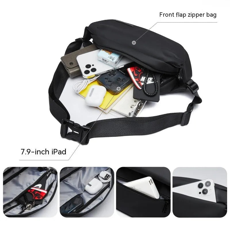 Black men's messenger bag in Oxford cloth with crossbody strap and street style details.