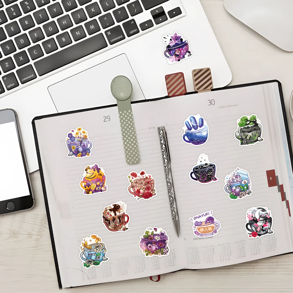 A sheet of colourful tea cup graffiti design waterproof vinyl stickers for DIY personalisation.