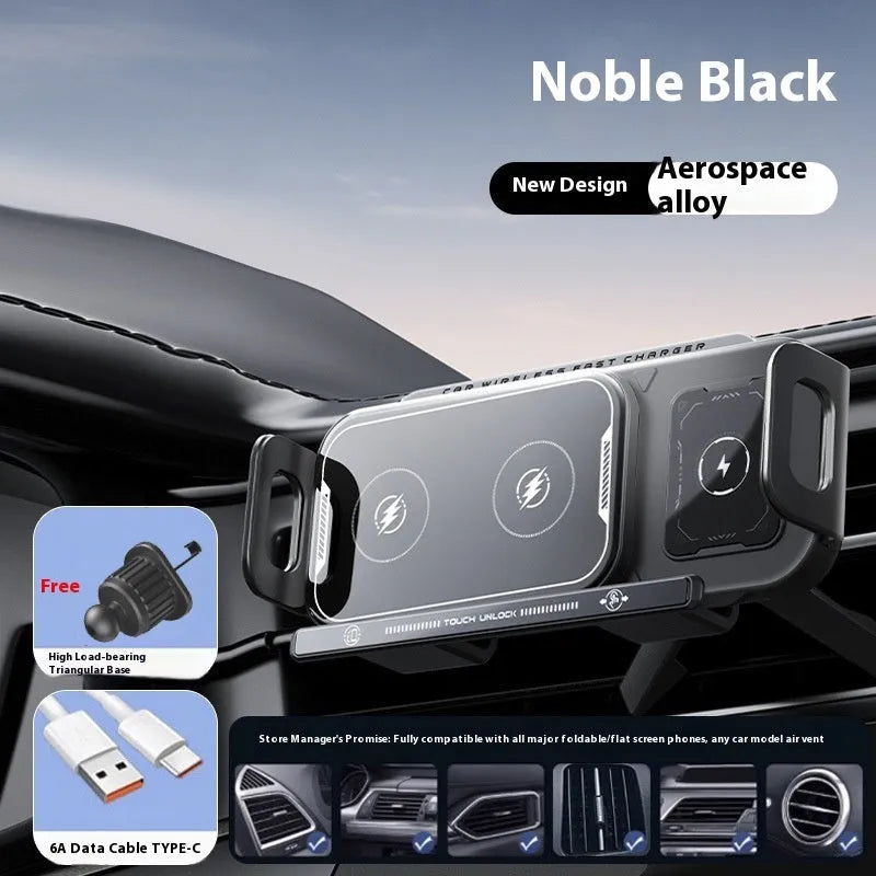 Folding screen car phone charger with wireless charging pad in Xingyao Black plastic finish