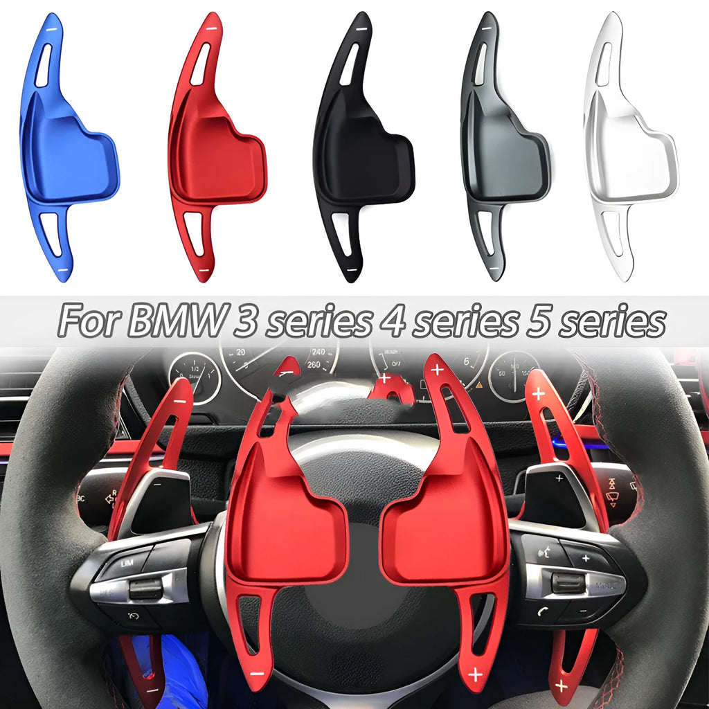 Set of four aluminium alloy car steering wheel shift paddles in red, silver, black, and blue for BMW