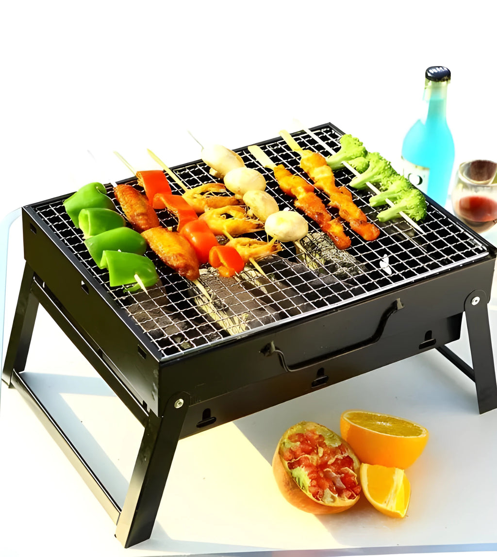 Portable folding charcoal grill rack with 12 airway vents, cold-rolled plate body and chrome-plated iron net, unfolded 35 x 27 x 20cm