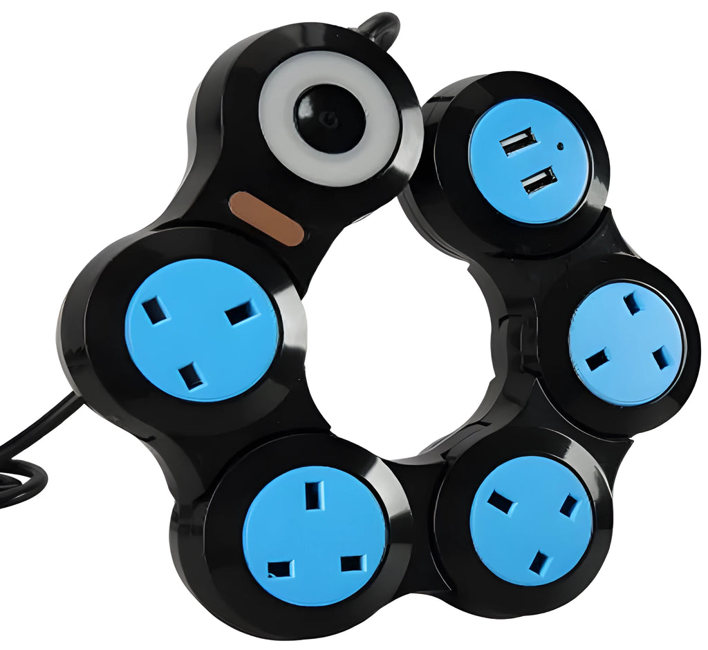 UK standard power strip with 5 rotating sockets and 2 USB charging ports on 4 metre cable