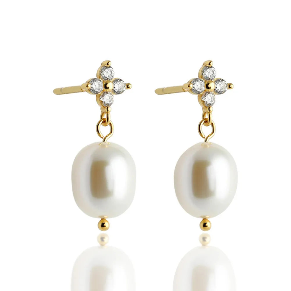 S925 sterling silver four-leaf zircon ear studs with pearl inlay, gold finish