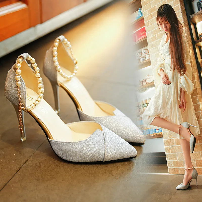 Women's pointed toe 10cm stiletto high heels with pearl bead and sequin embellishment in golden or silver