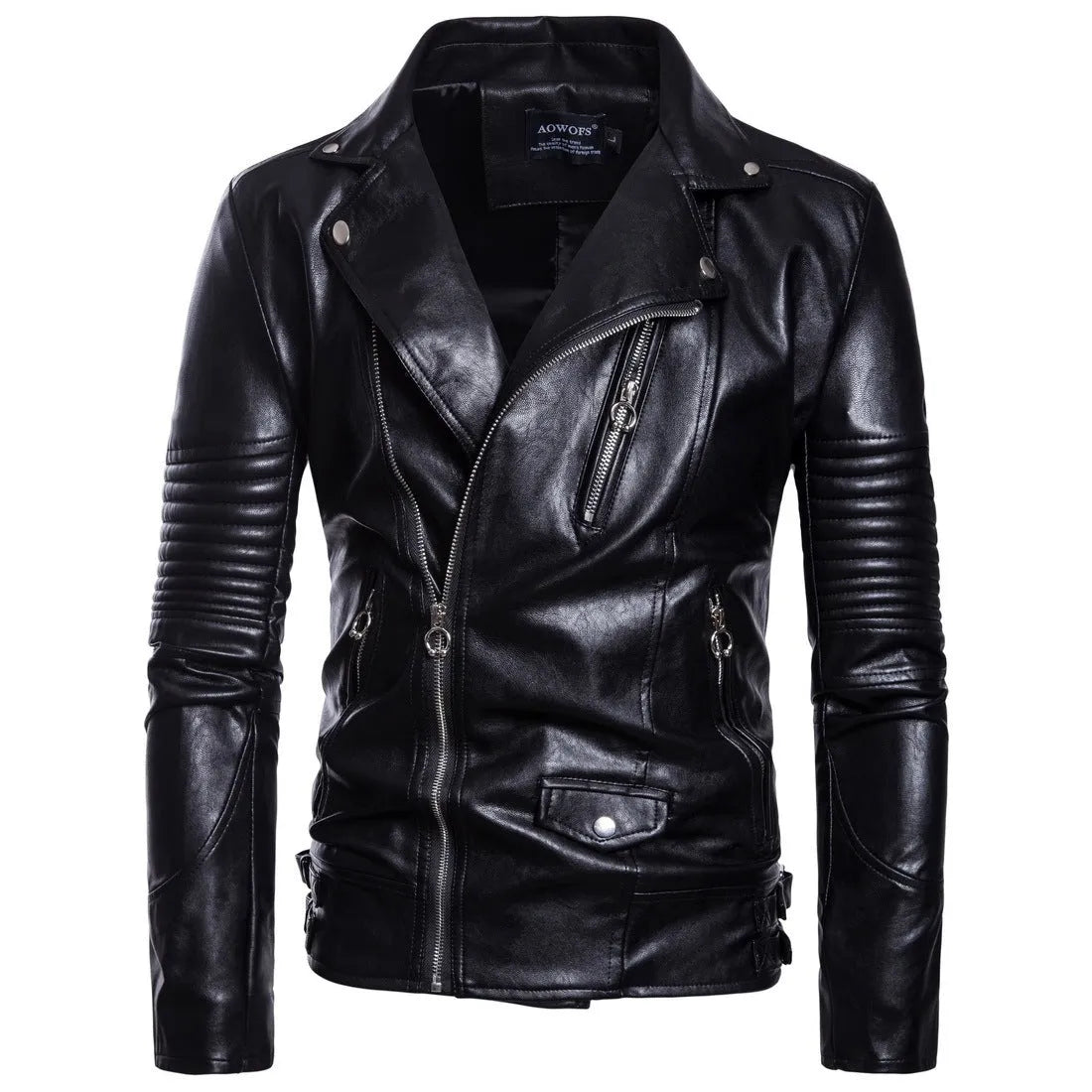 Men's black sheepskin leather jacket with suit collar and zip front, fit cut, not hooded