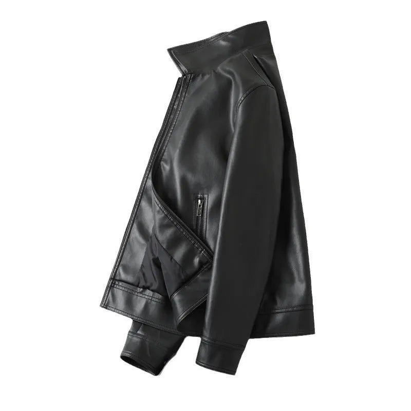 Men's black PU leather casual jacket showing front zipper and zippered pockets