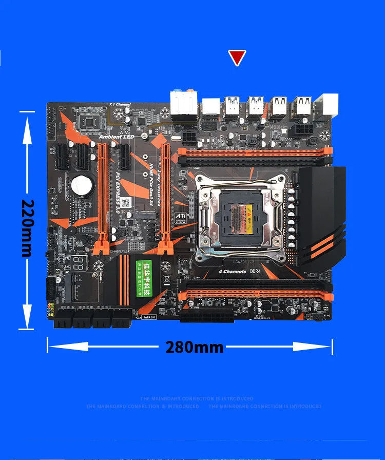Black X99 desktop motherboard with LGA2011-3 socket, four DDR4 slots, and dual PCIe x16 slots.