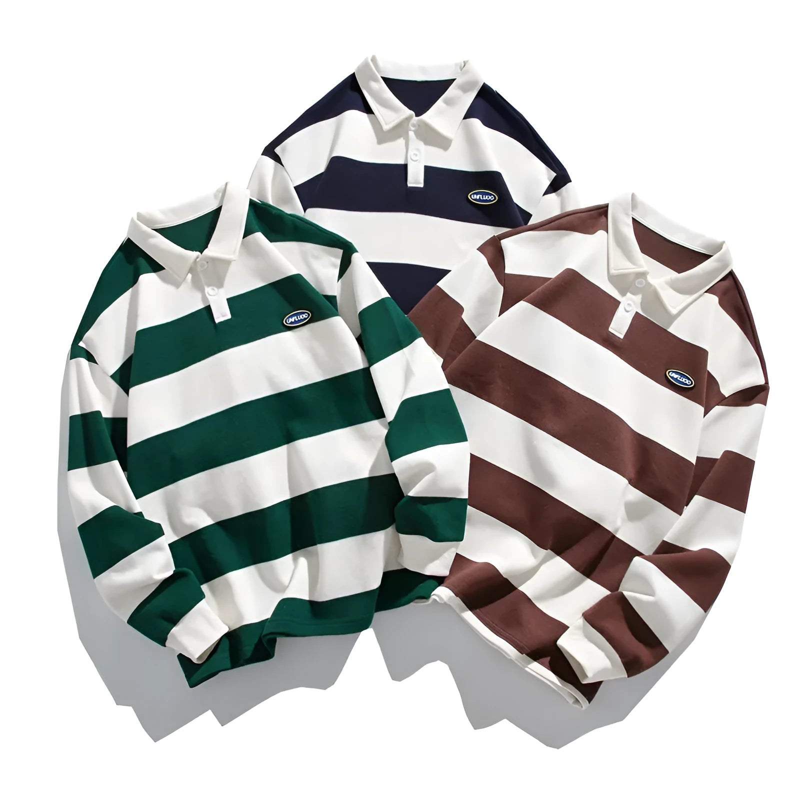 Hong Kong style striped lapel polo shirt in loose fit, shown in coffee colour
