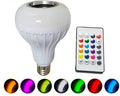 White Bluetooth speaker LED light bulb with E27 base showing multicolour RGB lighting