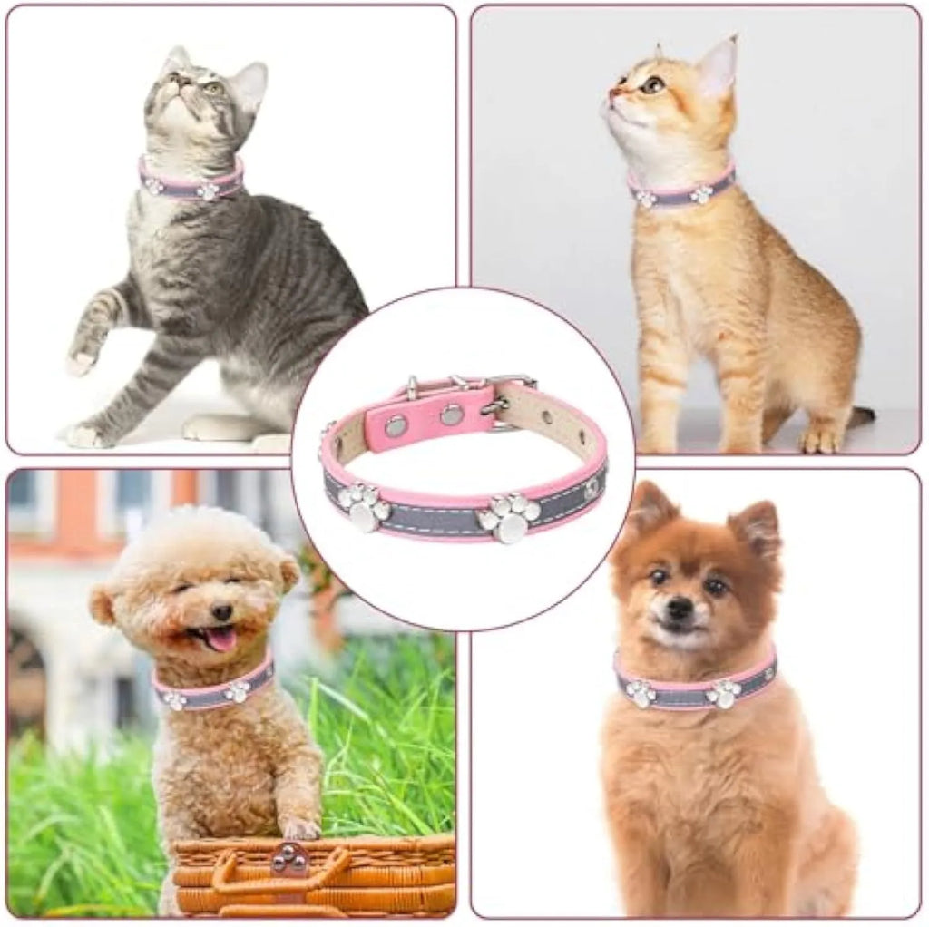 Adjustable PU leather dog collar with reflective stitching and a metal paw-shaped rivet.
