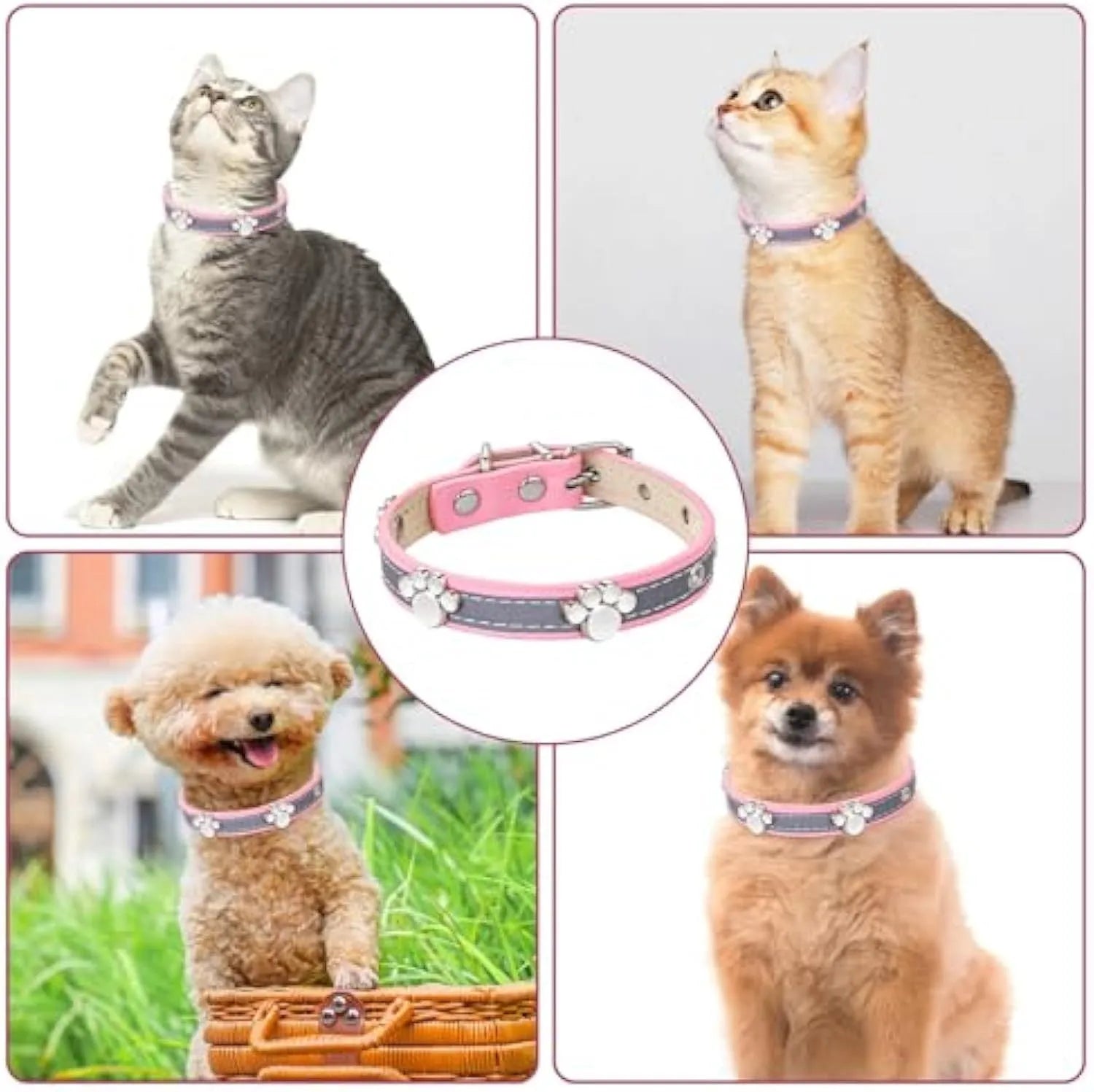 Adjustable PU leather dog collar with reflective stitching and a metal paw-shaped rivet.