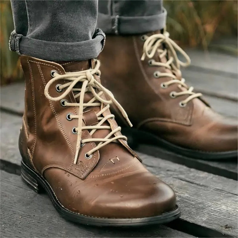 Men's retro cowboy Martin boots, black or brown, side zipper, round toe, 1-3cm low heel, sizes 38-48