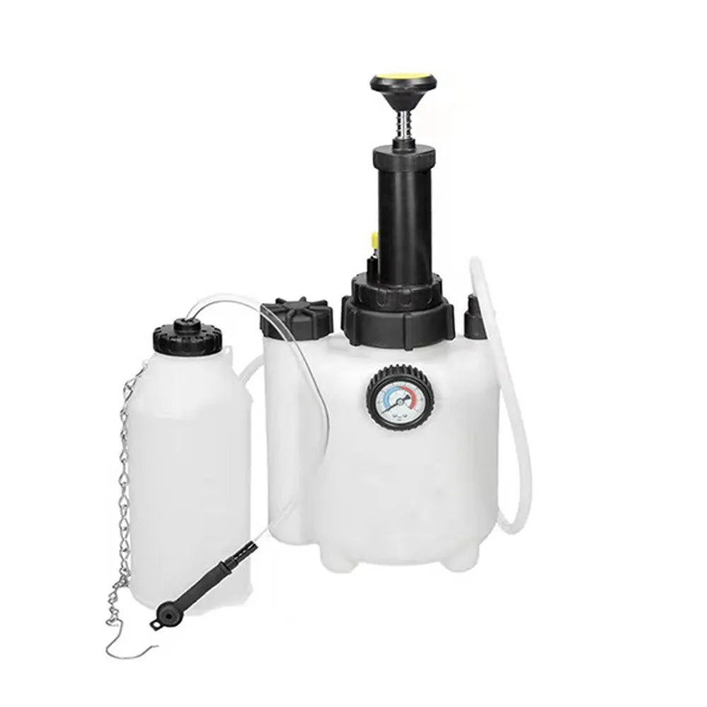 White 3-litre automotive brake fluid tank replacement tool with copper, iron, and plastic construction.