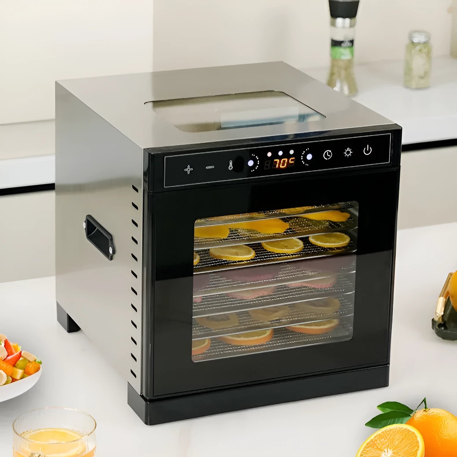 Stainless steel food dehydrator with clear skylight lid and multiple mesh drying trays