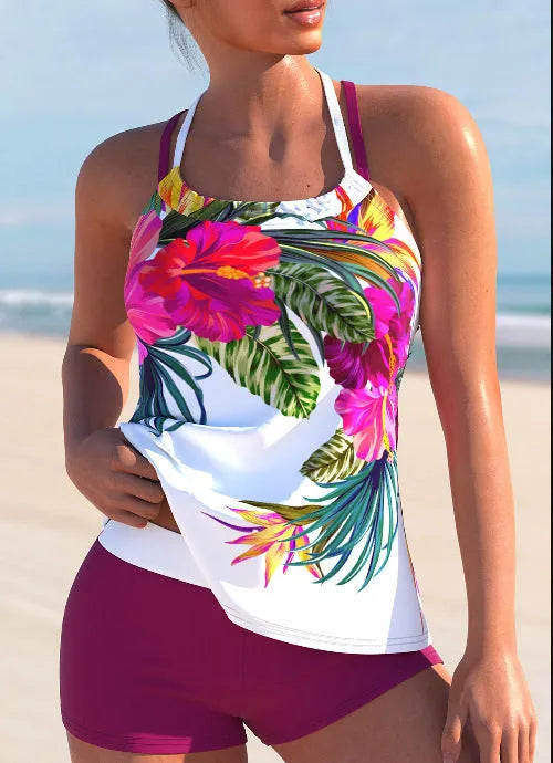 Women's floral swimsuit with large flower pattern and chest padding in purple-red colour